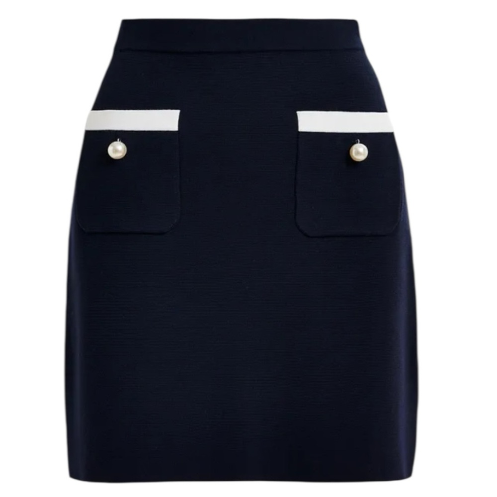Essentiel Antwerp Navy knitted skirt w/contrasting trim & pearl buttons Medium